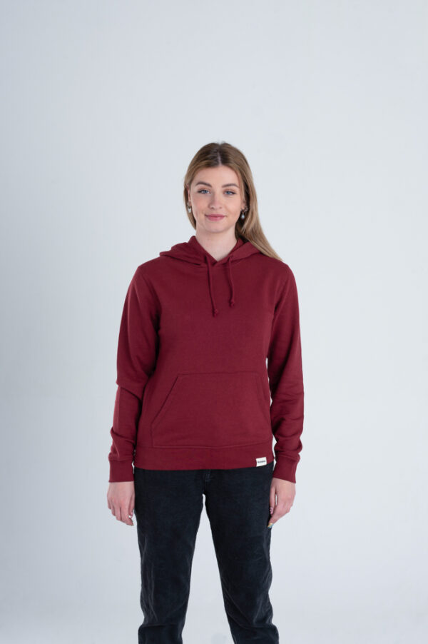 Duurzame hoodie trui Bordeaux rood voorkant vrouw